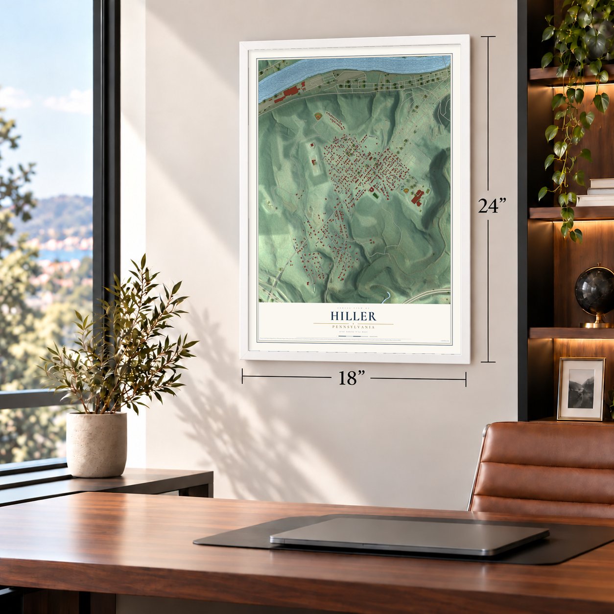 Hiller, Pennsylvania map, 18 x 24 inch print in a white frame in a home office