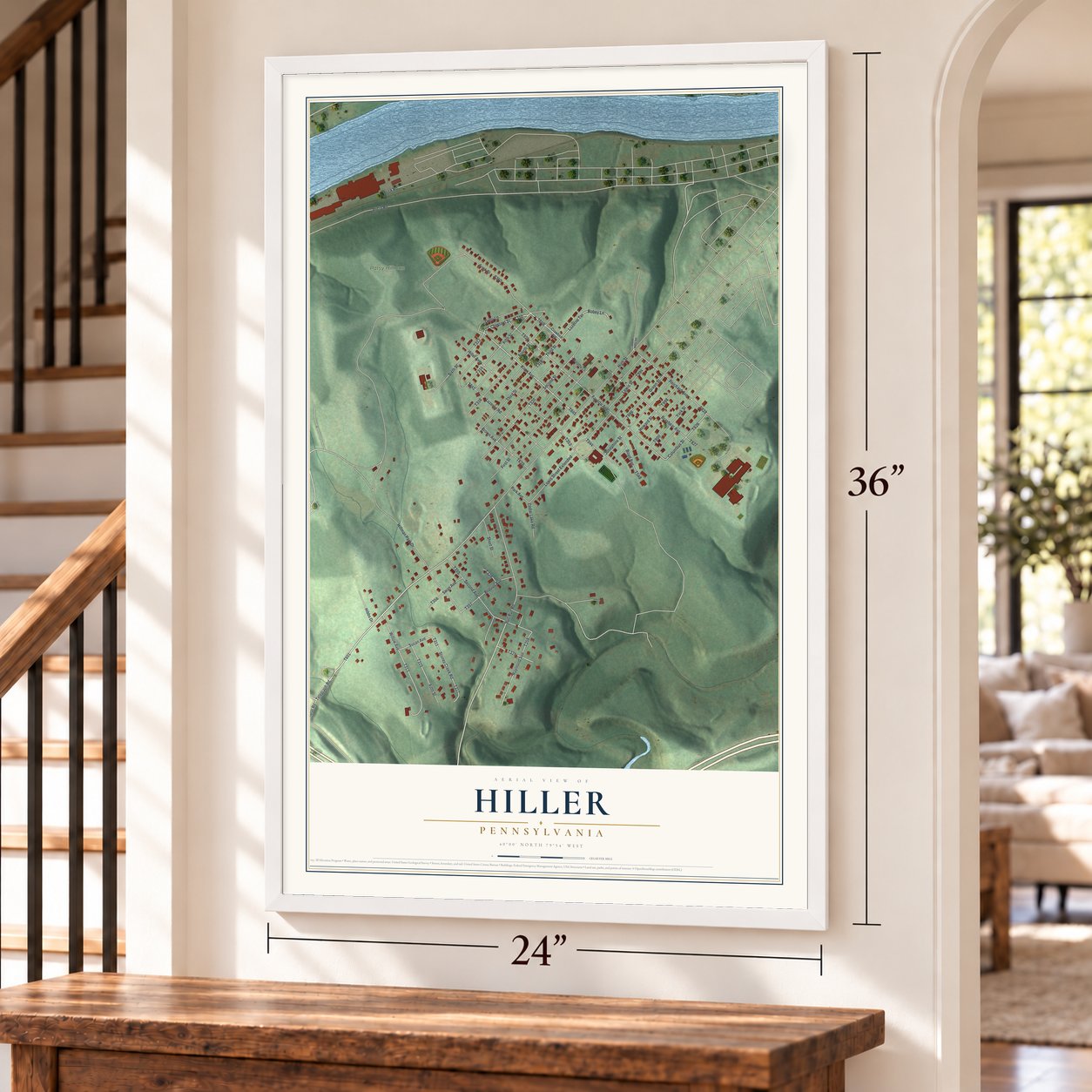 Hiller, Pennsylvania map, 24 x 36 inch print in a white frame by a staircase