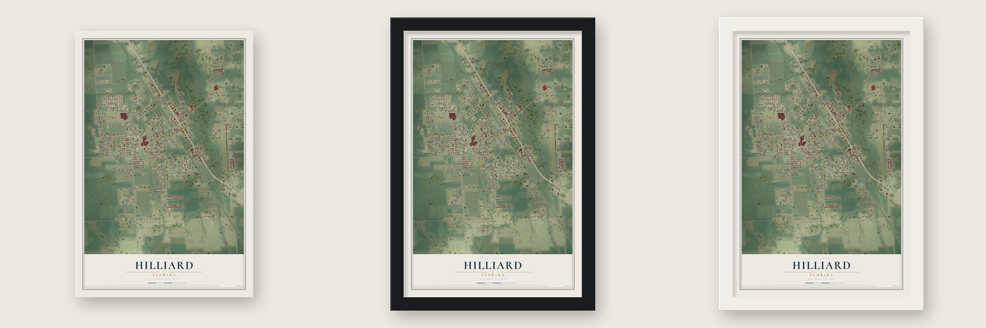 Hilliard, Florida map unframed, in a black wood frame and in a white wood frame