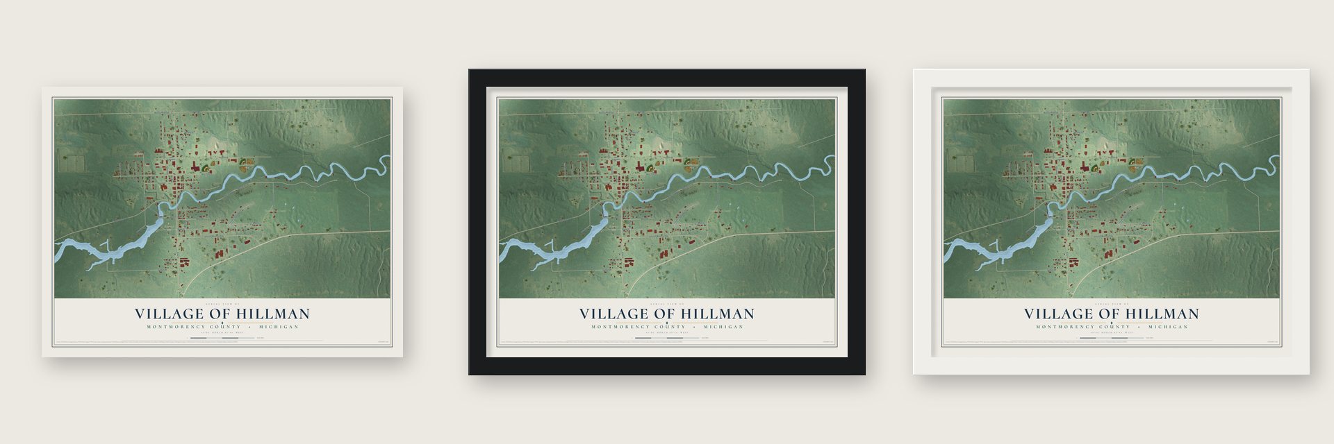 Hillman, Michigan map unframed, in a black wood frame and in a white wood frame