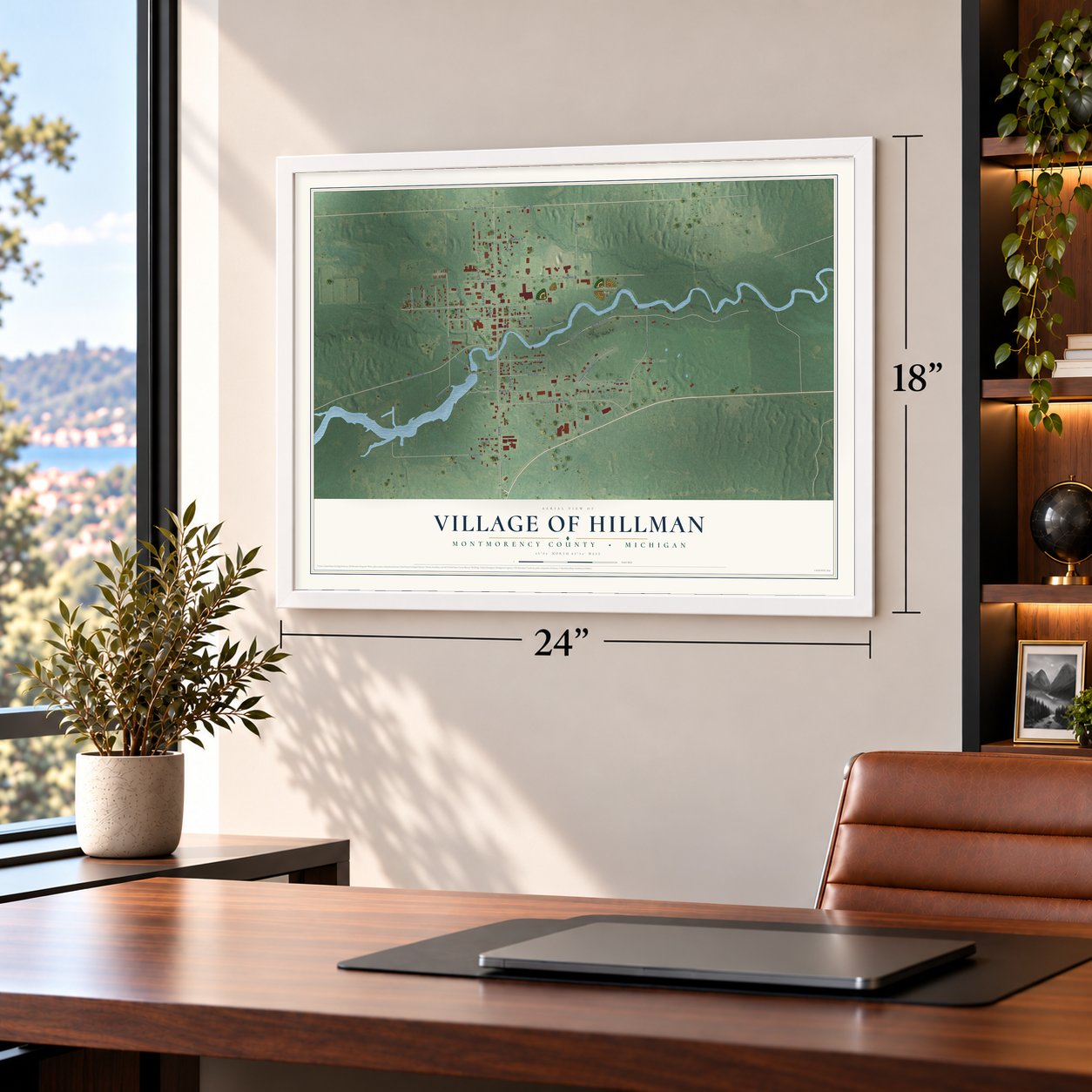 Hillman, Michigan map, 18 x 24 inch print in a white frame in a home office
