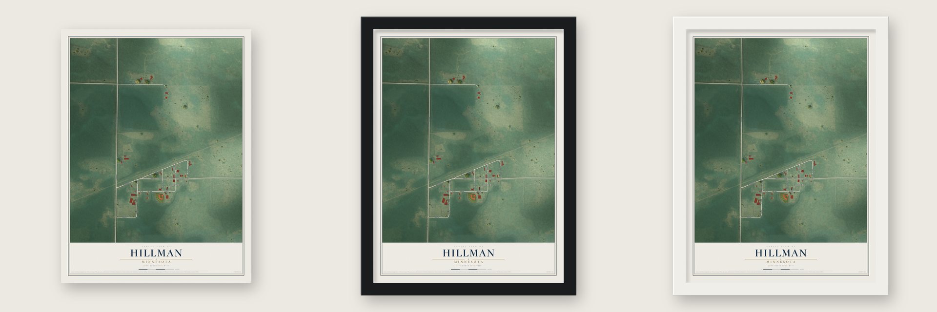 Hillman, Minnesota map unframed, in a black wood frame and in a white wood frame