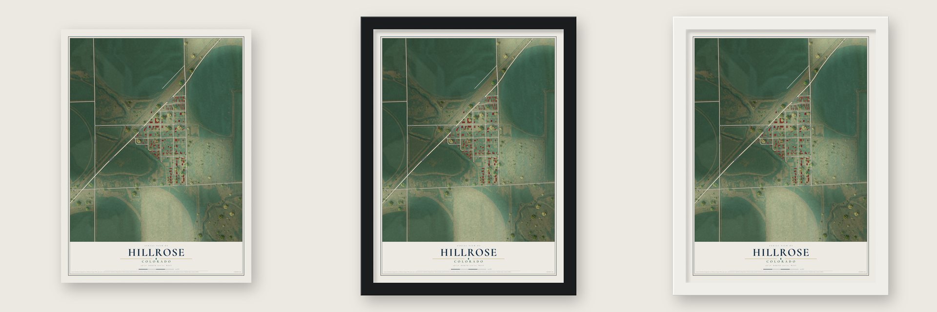 Hillrose, Colorado map unframed, in a black wood frame and in a white wood frame