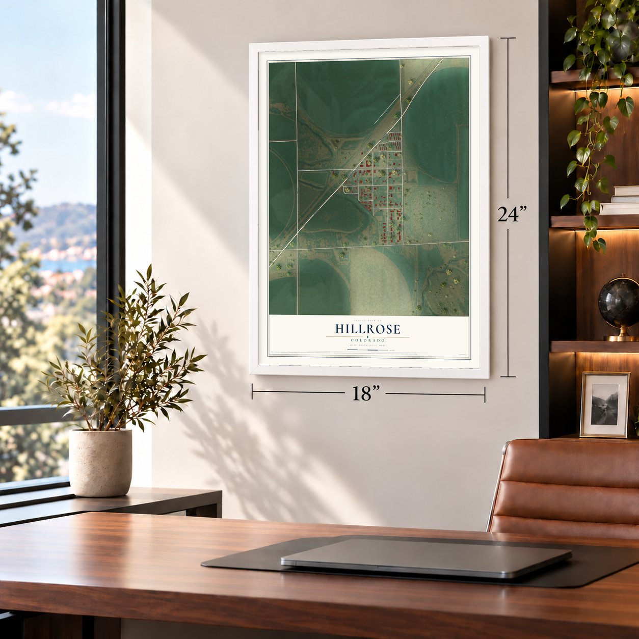 Hillrose, Colorado map, 18 x 24 inch print in a white frame in a home office