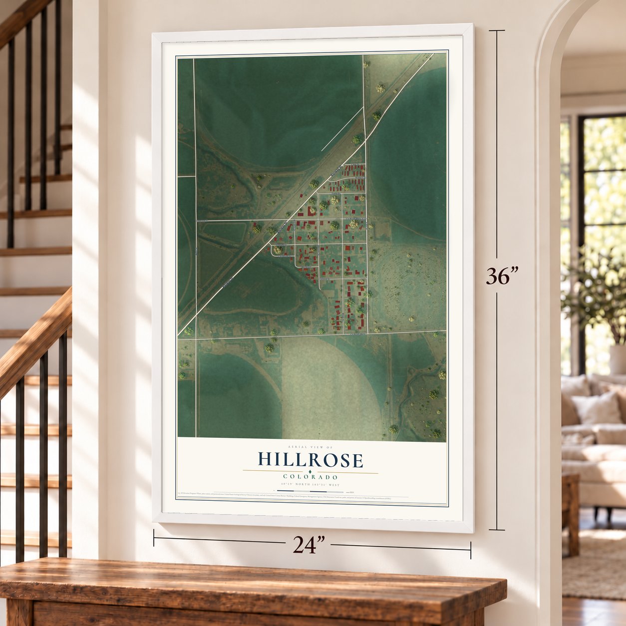 Hillrose, Colorado map, 24 x 36 inch print in a white frame by a staircase