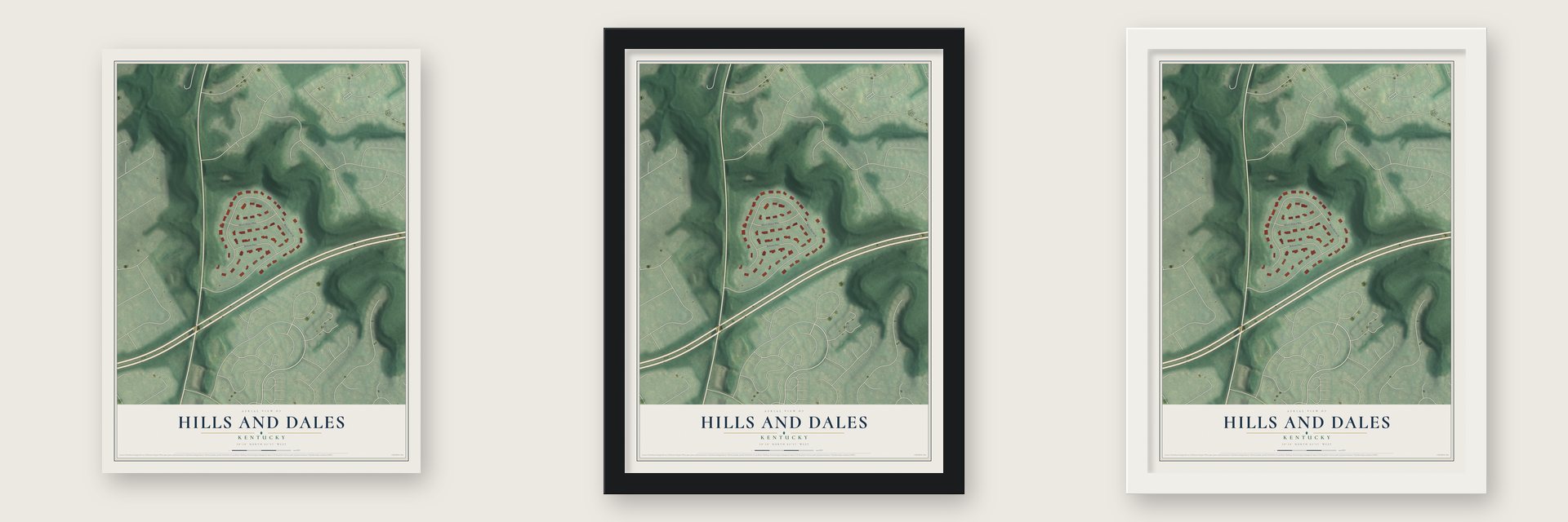 Hills and Dales, Kentucky map unframed, in a black wood frame and in a white wood frame