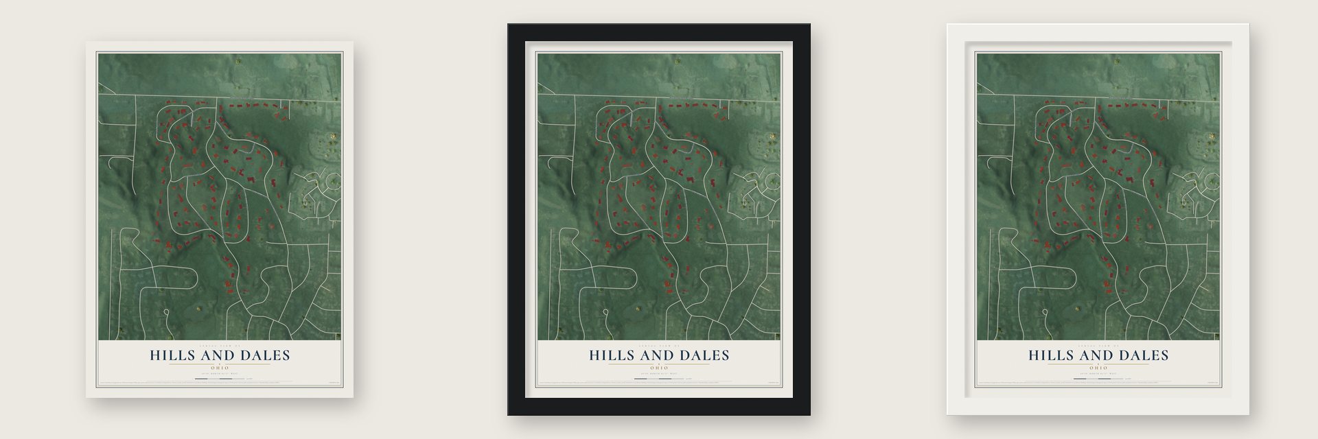 Hills and Dales, Ohio map unframed, in a black wood frame and in a white wood frame