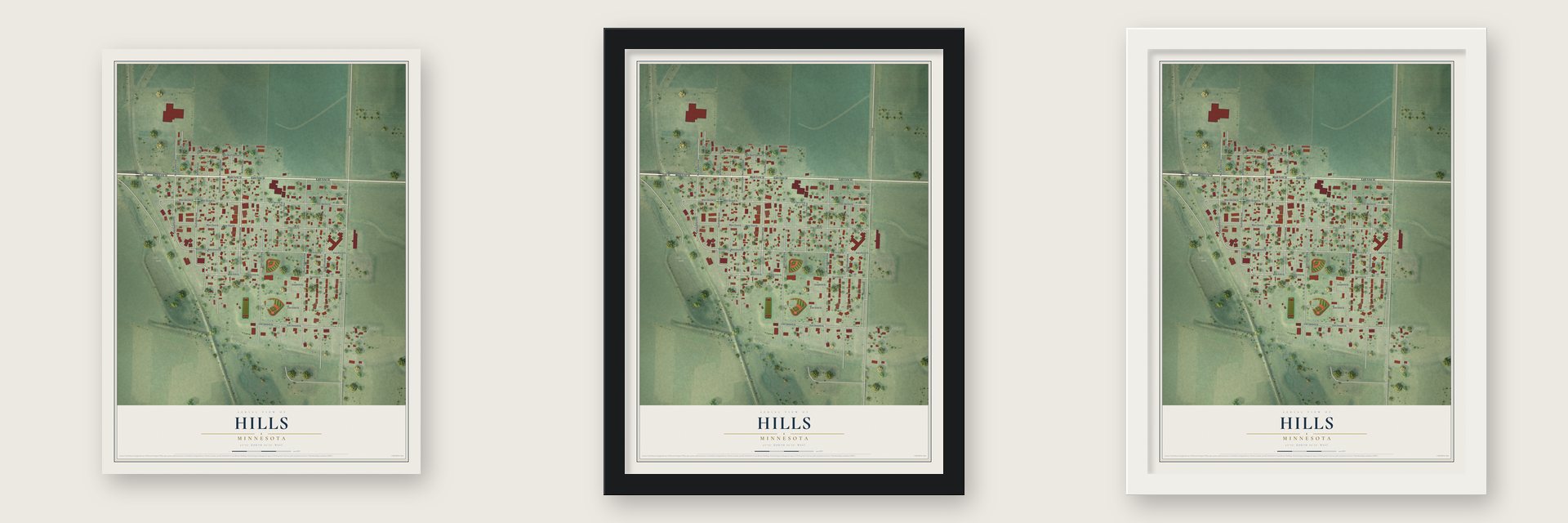 Hills, Minnesota map unframed, in a black wood frame and in a white wood frame
