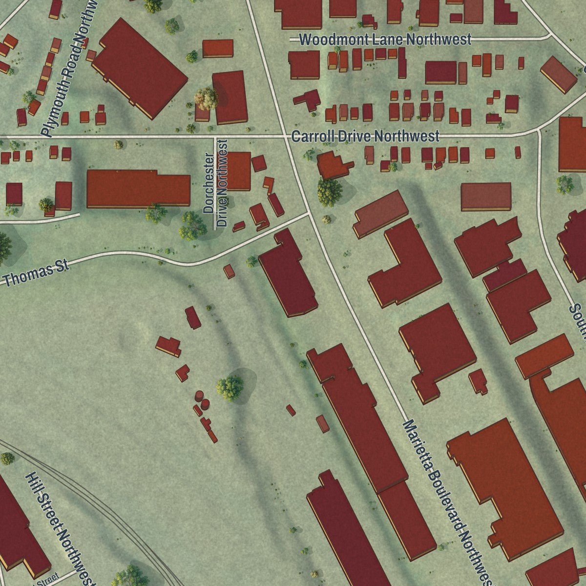 Second close-up of the map of Hills Park, Georgia print showing more streets and buildings