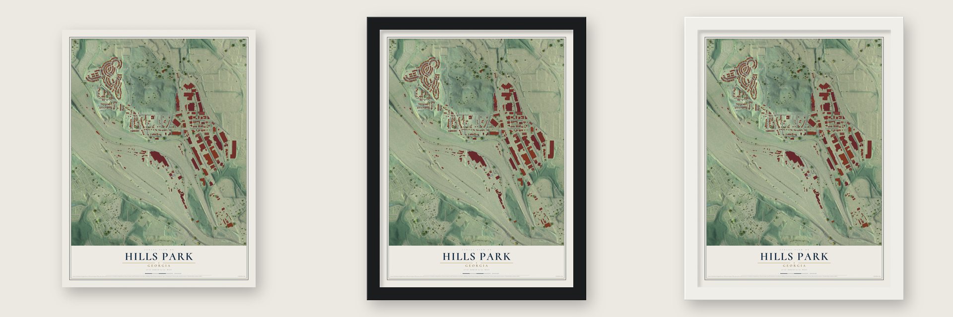Hills Park, Georgia map unframed, in a black wood frame and in a white wood frame