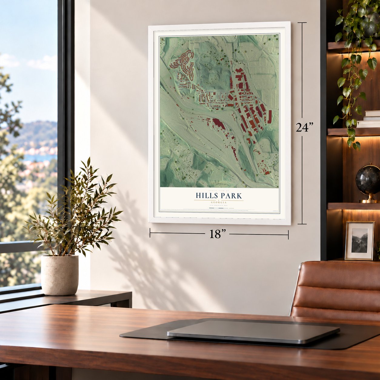 Hills Park, Georgia map, 18 x 24 inch print in a white frame in a home office