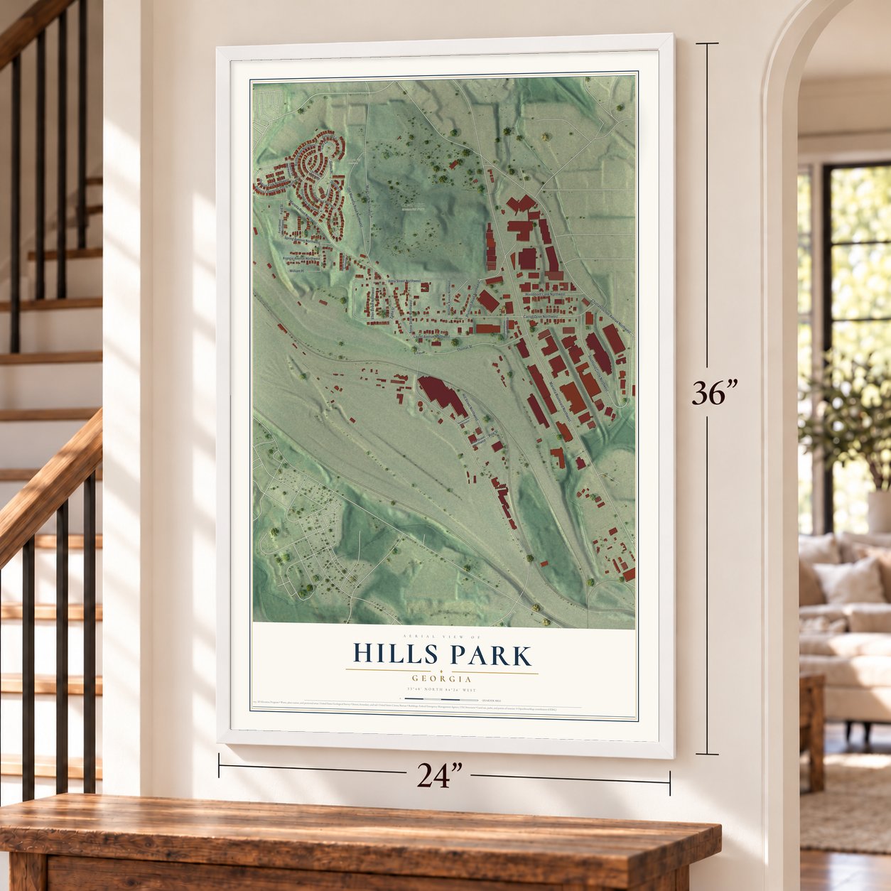 Hills Park, Georgia map, 24 x 36 inch print in a white frame by a staircase