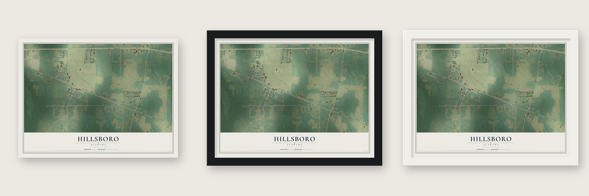 Hillsboro, Alabama map unframed, in a black wood frame and in a white wood frame
