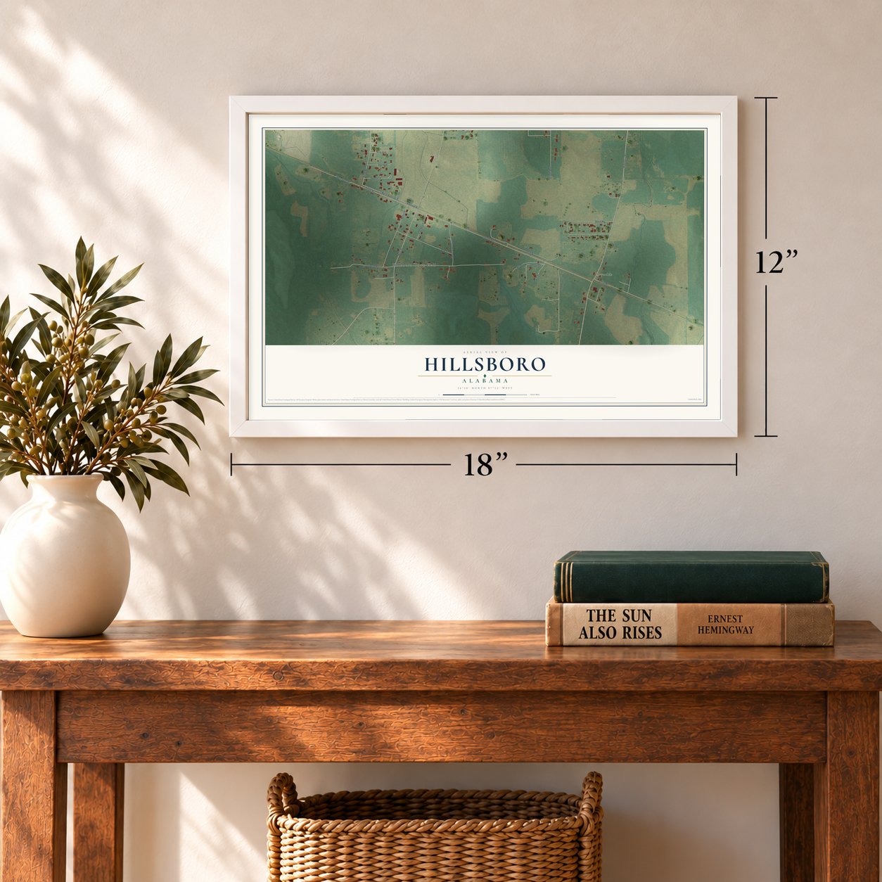 Hillsboro, Alabama map, 12 x 18 inch print in a white frame in an entryway