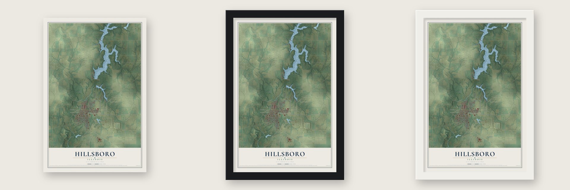 Hillsboro, Illinois map unframed, in a black wood frame and in a white wood frame
