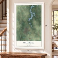 Hillsboro, Illinois map, 24 x 36 inch print in a white frame by a staircase