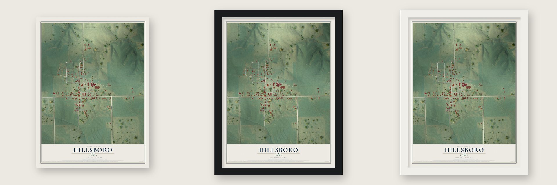 Hillsboro, Iowa map unframed, in a black wood frame and in a white wood frame