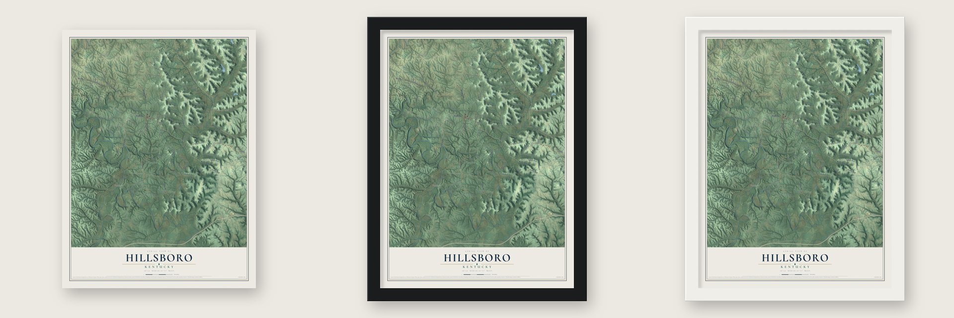 Hillsboro, Kentucky map unframed, in a black wood frame and in a white wood frame