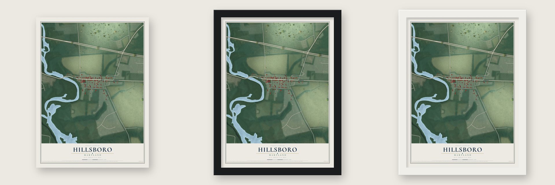 Hillsboro, Maryland map unframed, in a black wood frame and in a white wood frame
