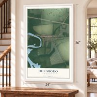 Hillsboro, Maryland map, 24 x 36 inch print in a white frame by a staircase