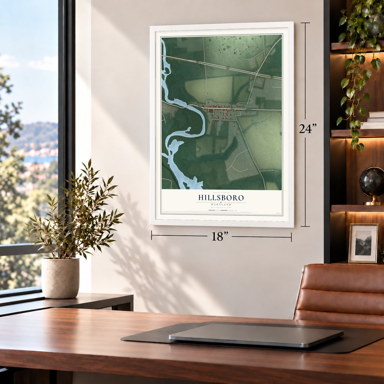 Hillsboro, Maryland map, 18 x 24 inch print in a white frame in a home office