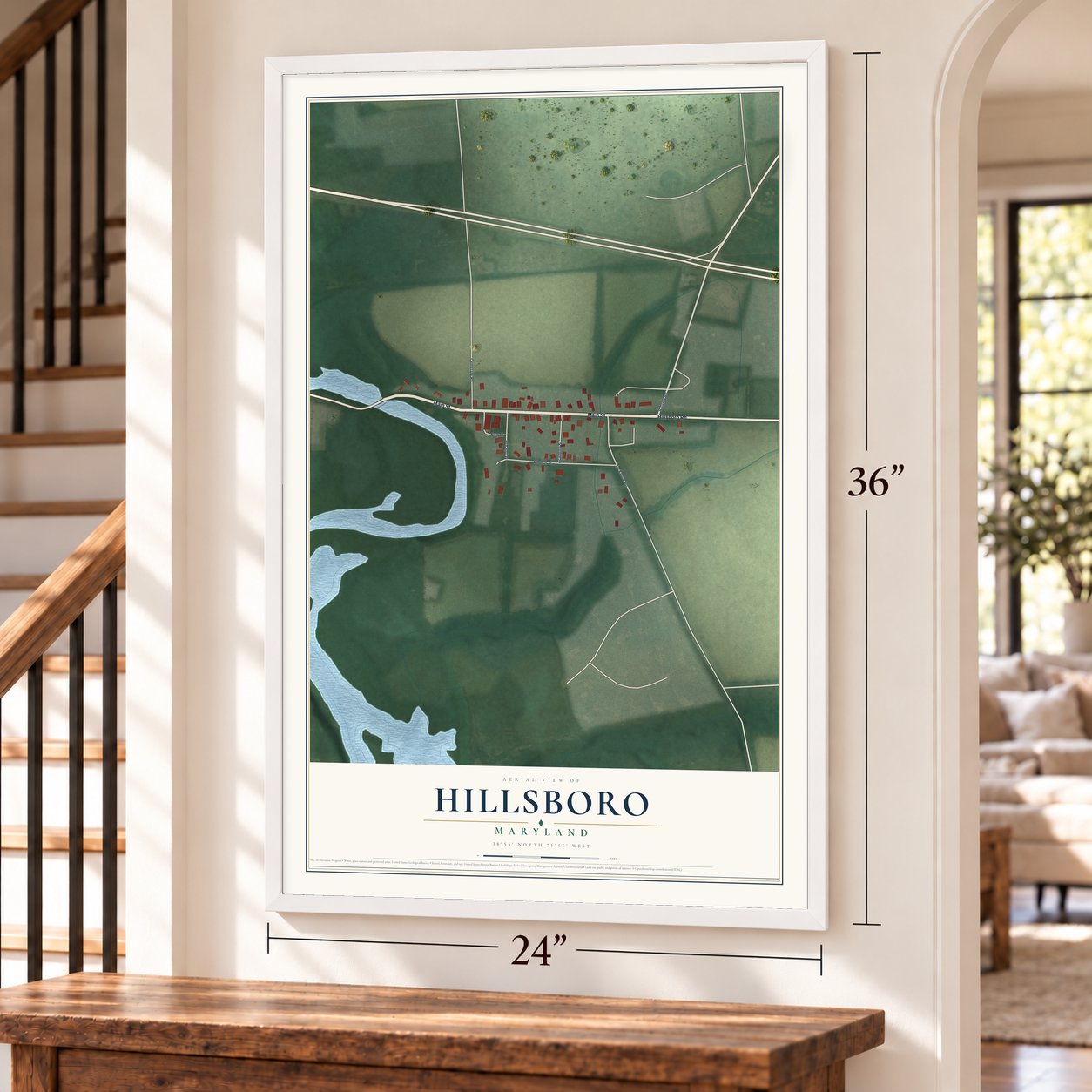 Hillsboro, Maryland map, 24 x 36 inch print in a white frame by a staircase