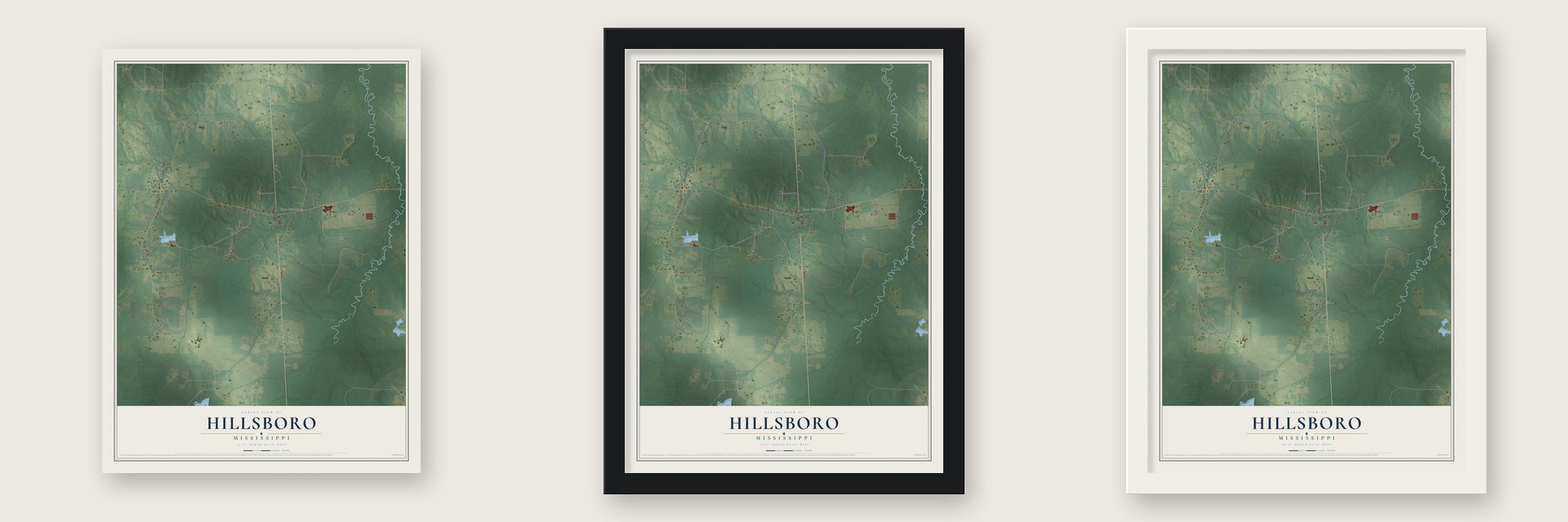 Hillsboro, Mississippi map unframed, in a black wood frame and in a white wood frame