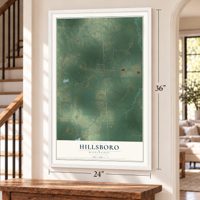 Hillsboro, Mississippi map, 24 x 36 inch print in a white frame by a staircase