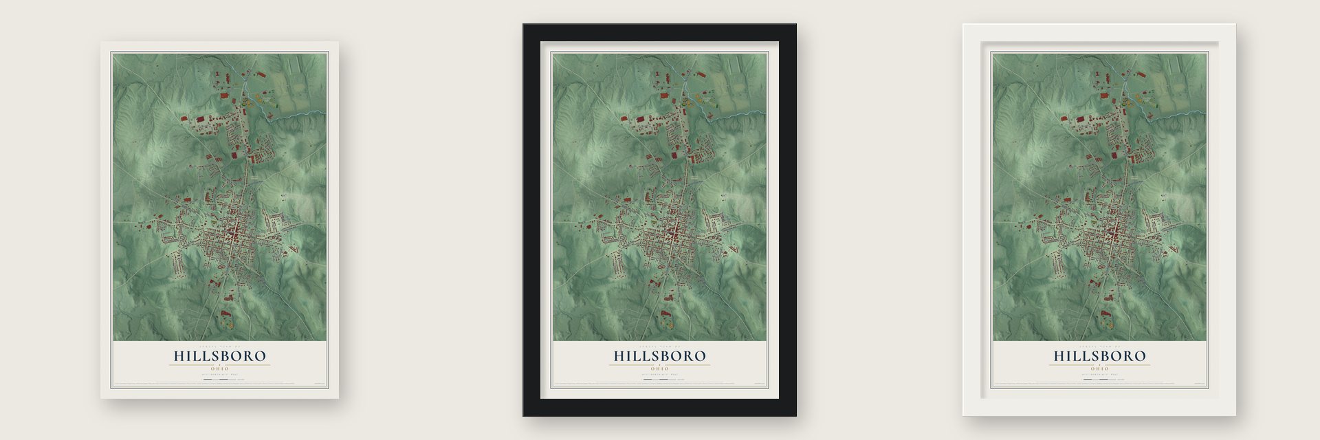 Hillsboro, Ohio map unframed, in a black wood frame and in a white wood frame