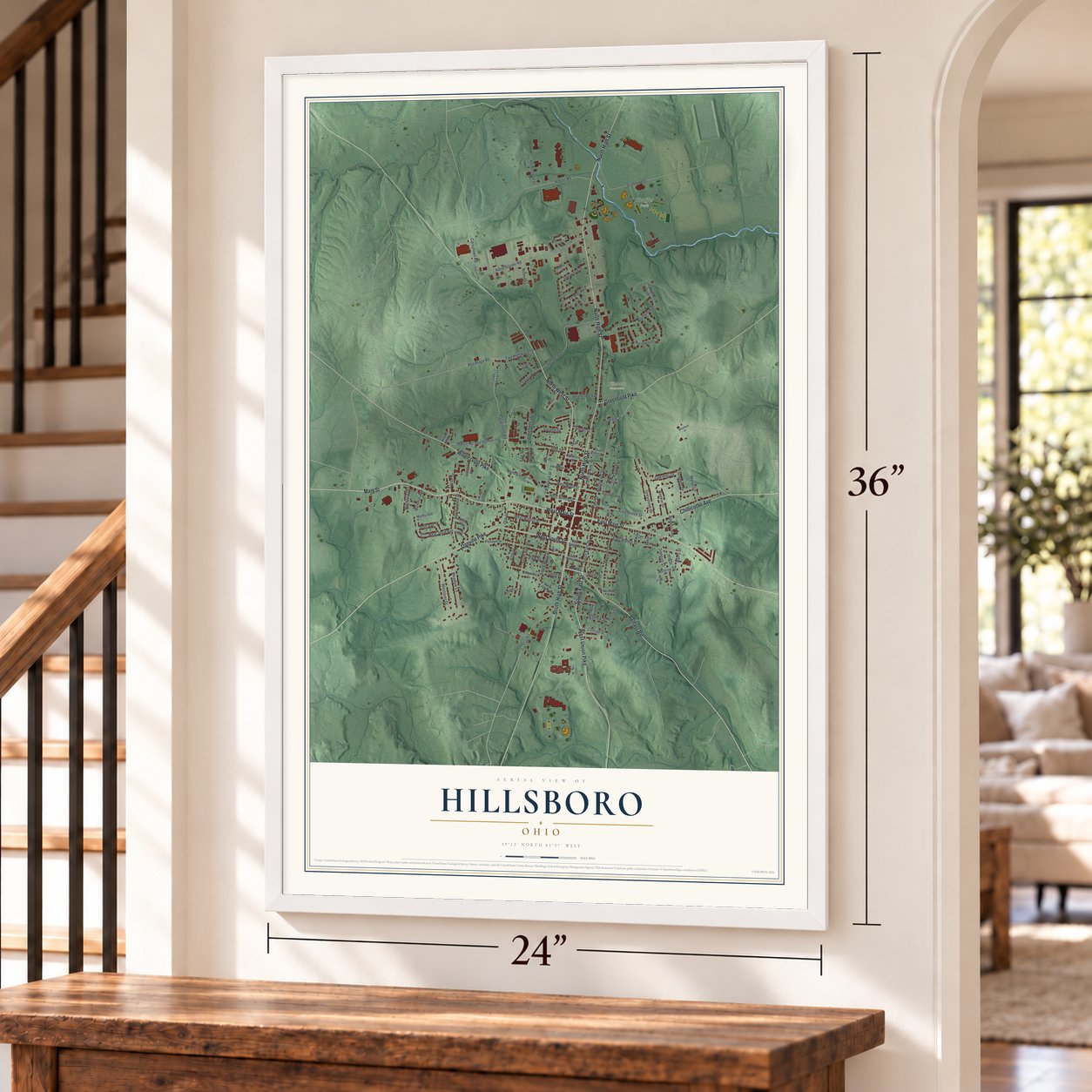 Hillsboro, Ohio map, 24 x 36 inch print in a white frame by a staircase