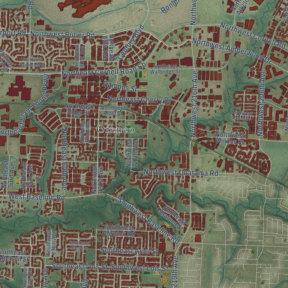 Second close-up of the map of Hillsboro, Oregon print showing more streets and buildings
