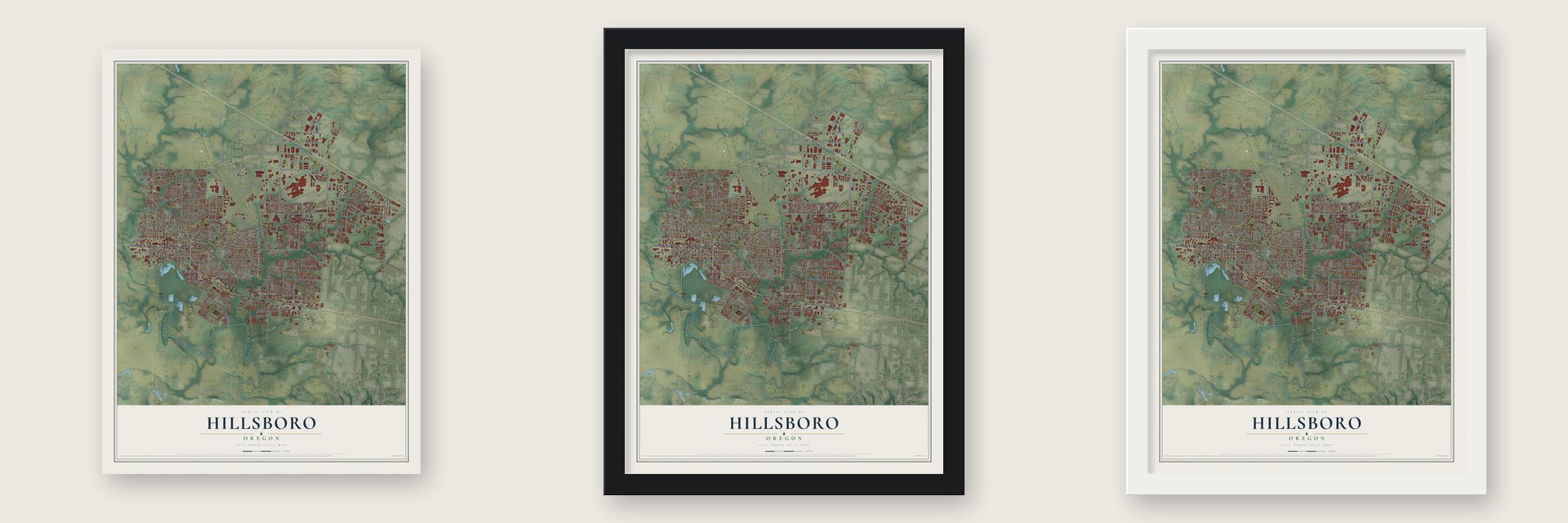 Hillsboro, Oregon map unframed, in a black wood frame and in a white wood frame