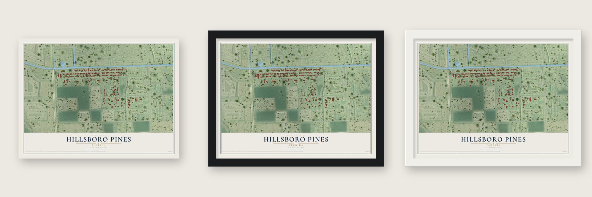 Hillsboro Pines, Florida map unframed, in a black wood frame and in a white wood frame