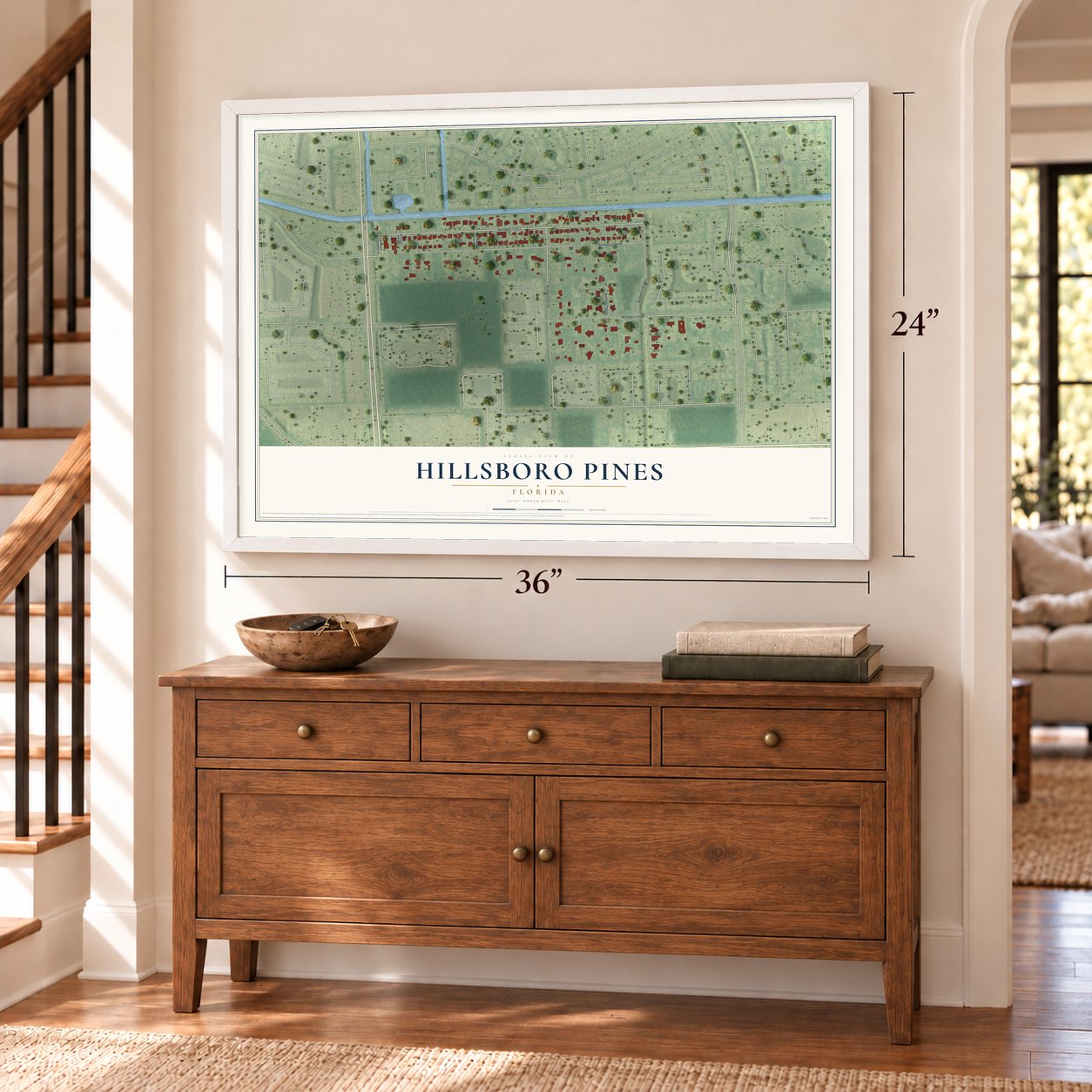 Hillsboro Pines, Florida map, 24 x 36 inch print in a white frame above a dresser by a staircase