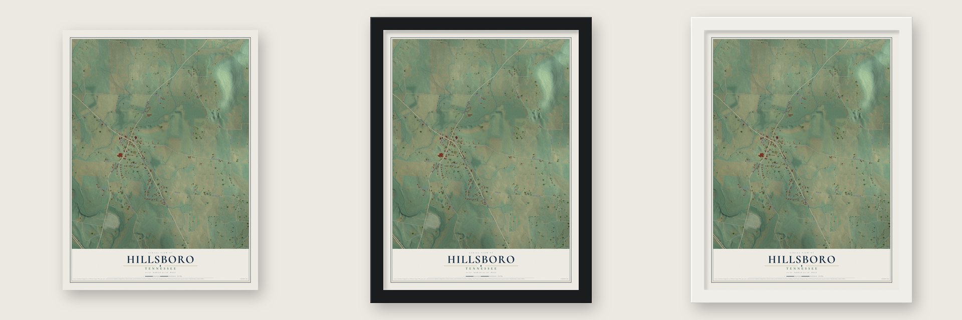 Hillsboro, Tennessee map unframed, in a black wood frame and in a white wood frame