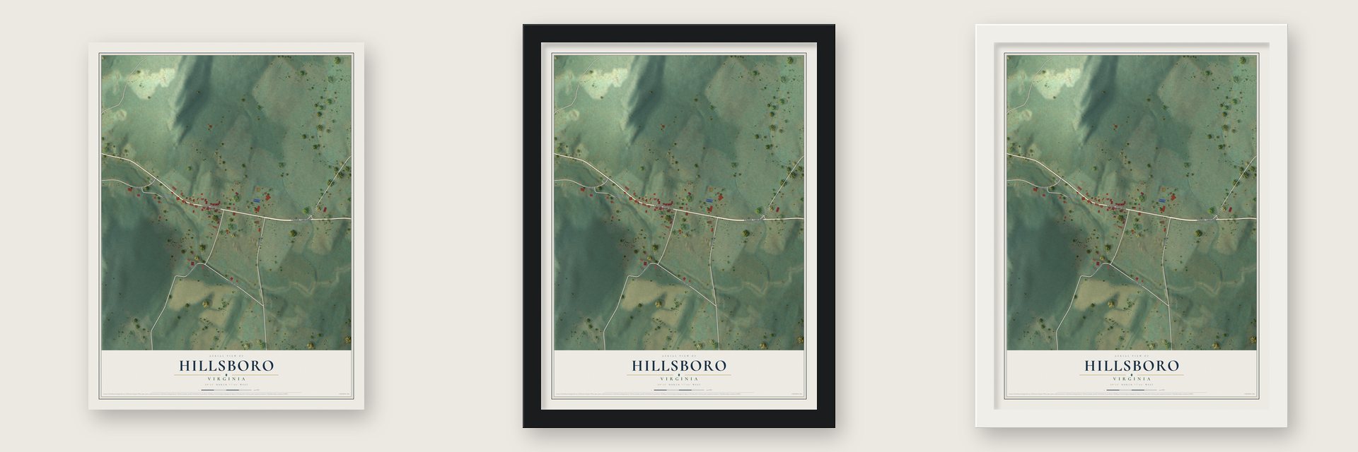 Hillsboro, Virginia map unframed, in a black wood frame and in a white wood frame