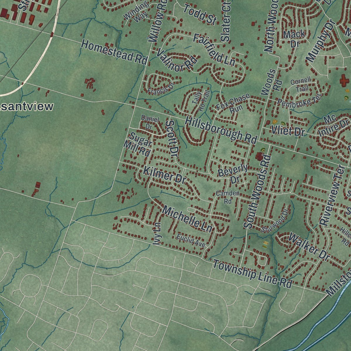 Second close-up of the map of Hillsborough, New Jersey print showing more streets and buildings
