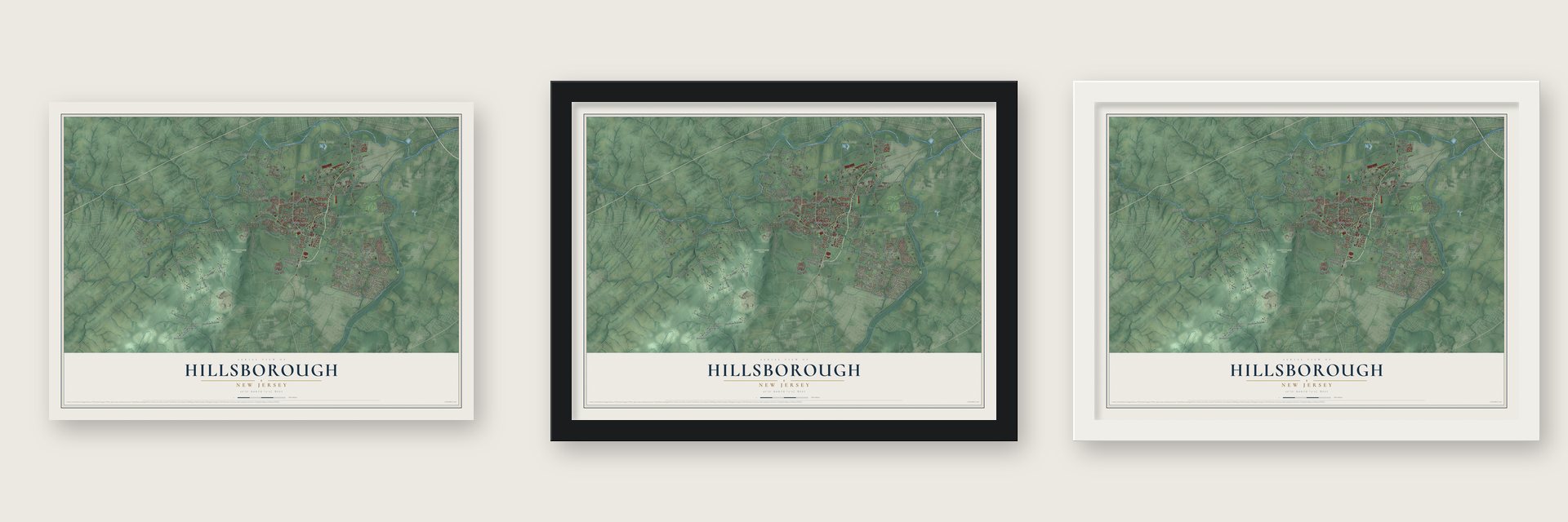 Hillsborough, New Jersey map unframed, in a black wood frame and in a white wood frame