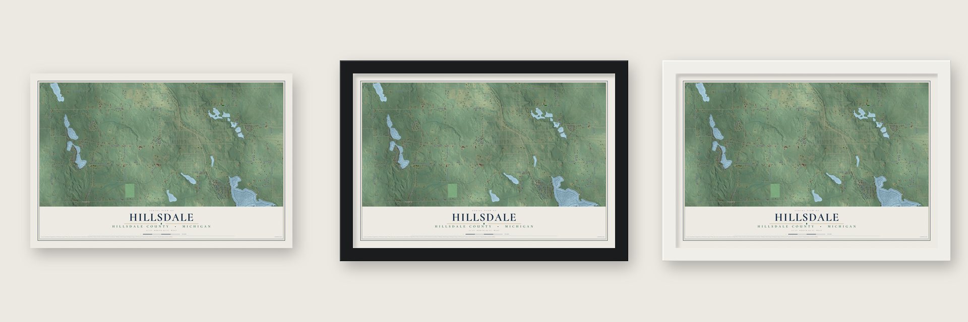 Hillsdale, Hillsdale County, Michigan map unframed, in a black wood frame and in a white wood frame
