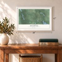 Hillsdale, Hillsdale County, Michigan map, 12 x 18 inch print in a white frame in an entryway