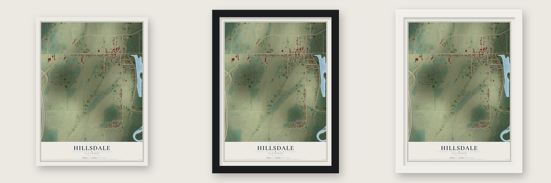 Hillsdale, Illinois map unframed, in a black wood frame and in a white wood frame