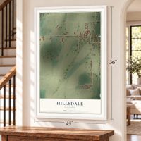 Hillsdale, Illinois map, 24 x 36 inch print in a white frame by a staircase