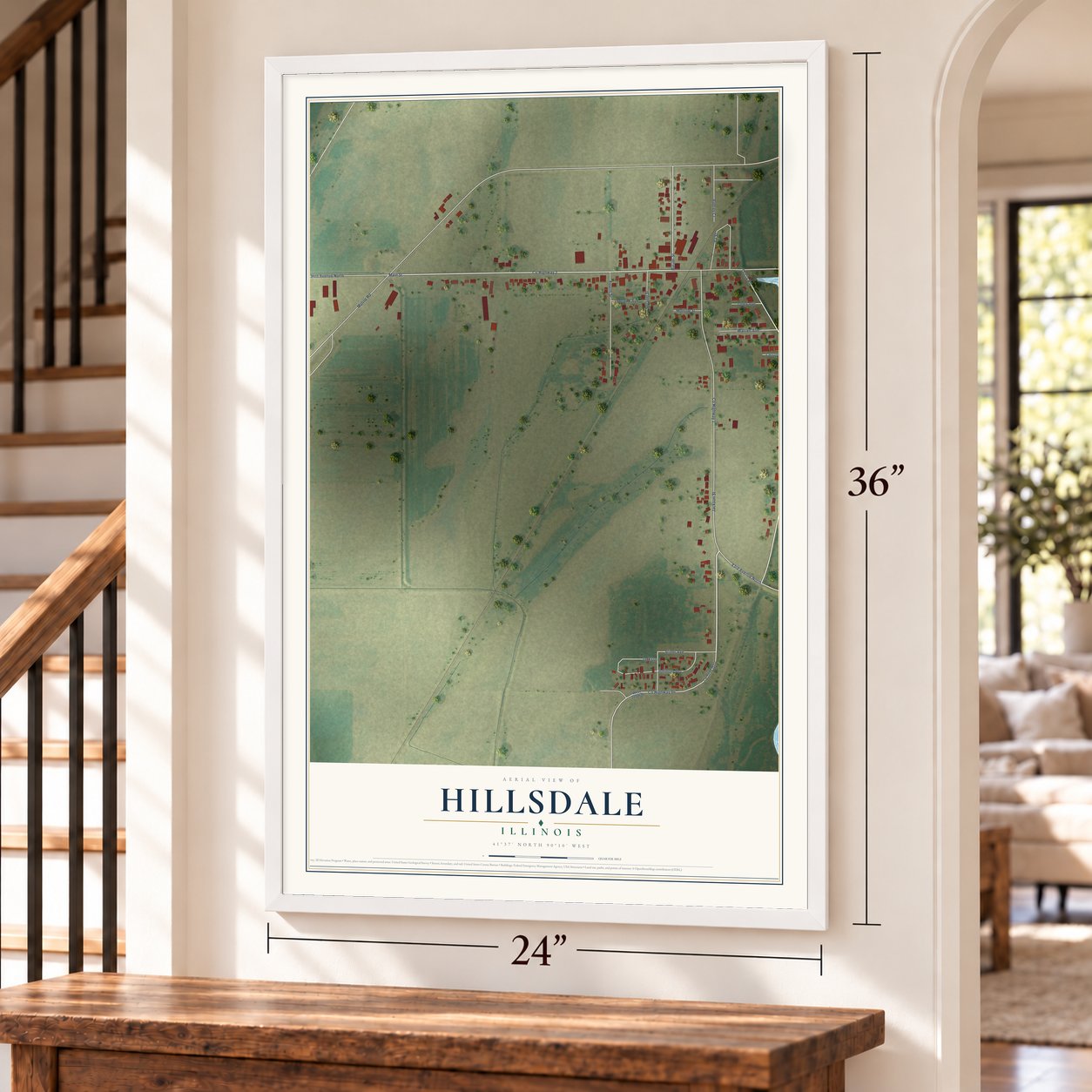Hillsdale, Illinois map, 24 x 36 inch print in a white frame by a staircase