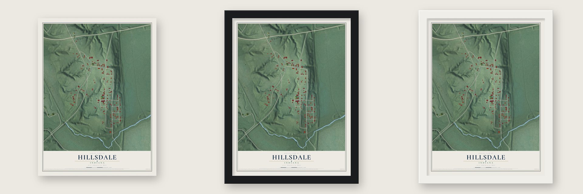 Hillsdale, Indiana map unframed, in a black wood frame and in a white wood frame