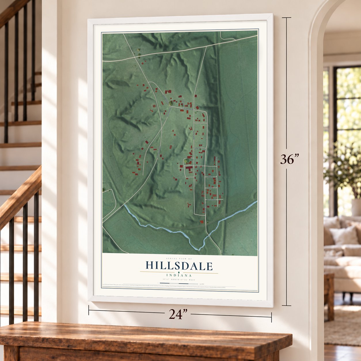 Hillsdale, Indiana map, 24 x 36 inch print in a white frame by a staircase