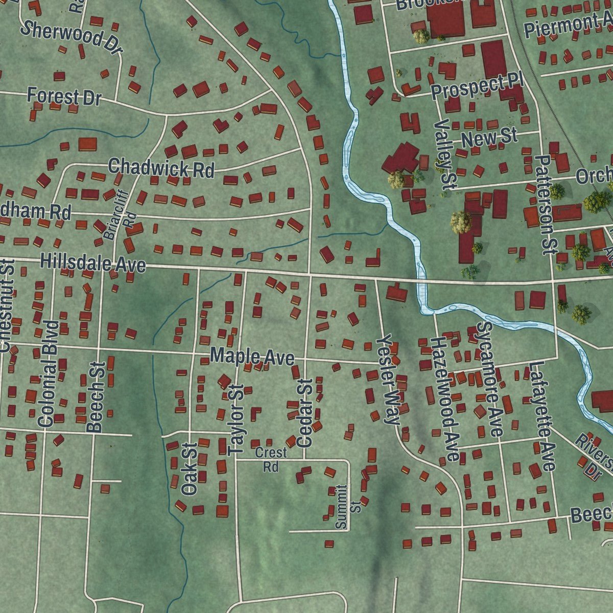 Second close-up of the map of Hillsdale, New Jersey print showing more streets and buildings