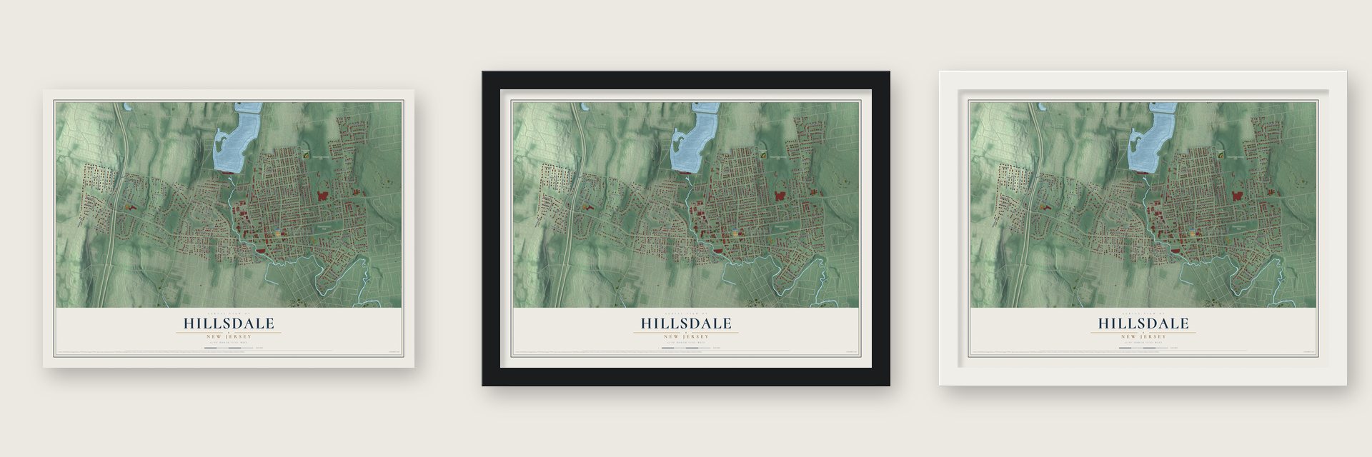 Hillsdale, New Jersey map unframed, in a black wood frame and in a white wood frame