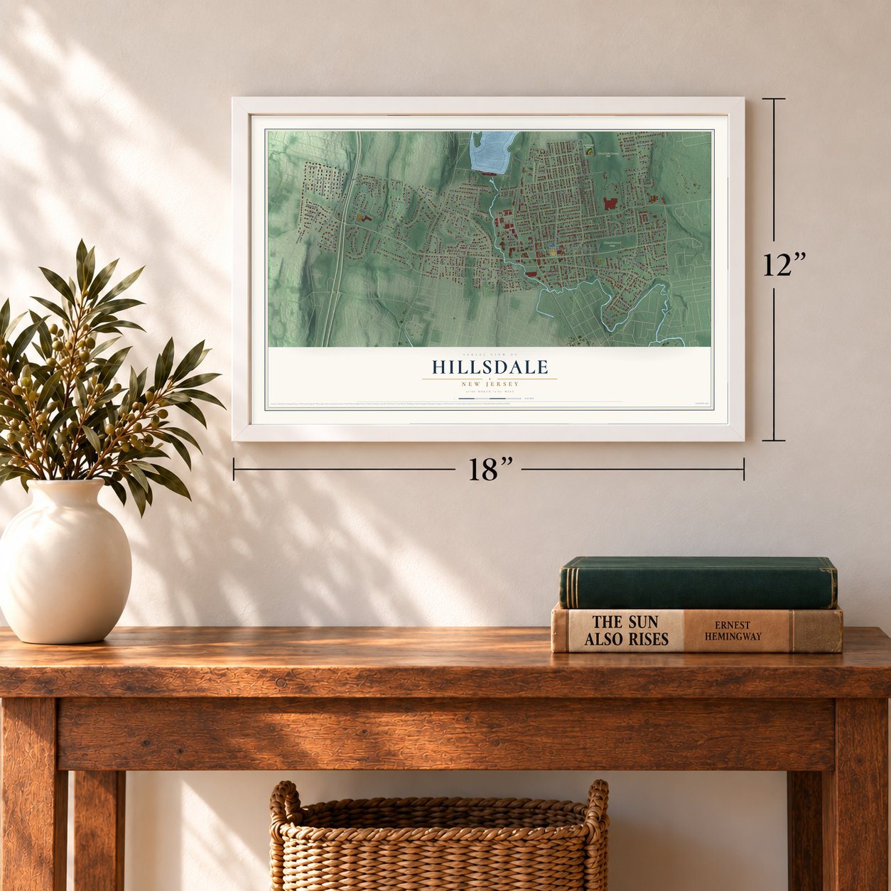 Hillsdale, New Jersey map, 12 x 18 inch print in a white frame in an entryway
