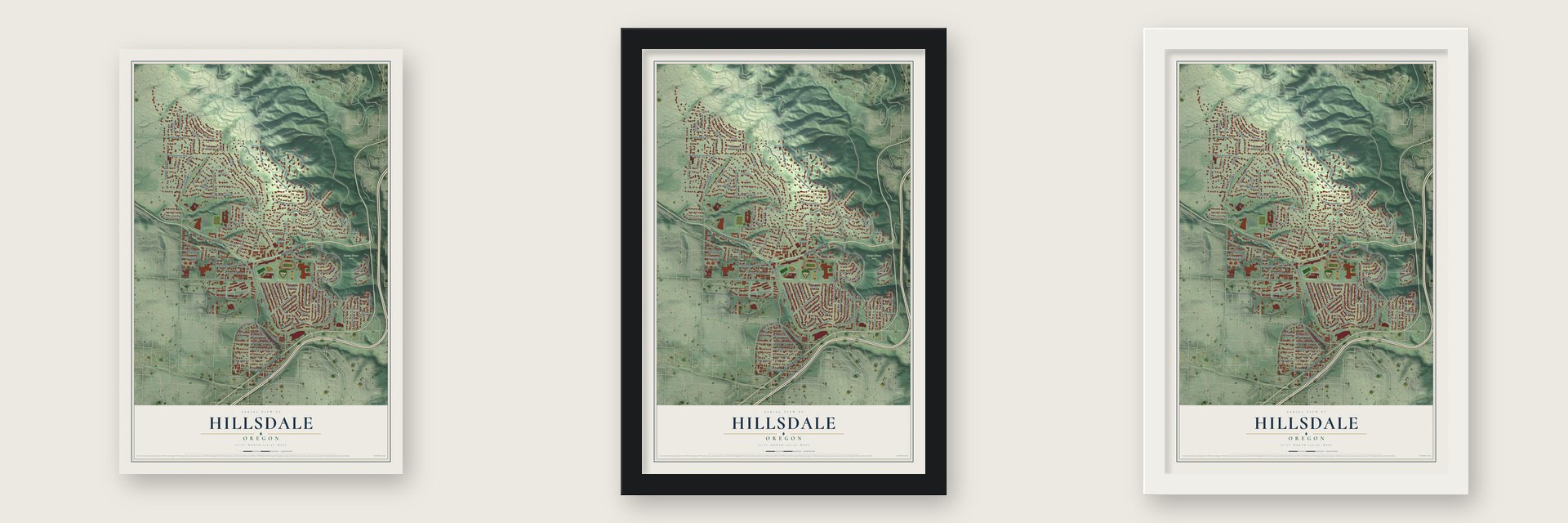 Hillsdale, Oregon map unframed, in a black wood frame and in a white wood frame