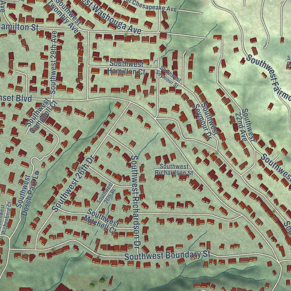 Second close-up of the map of Hillsdale, Oregon print showing more streets and buildings